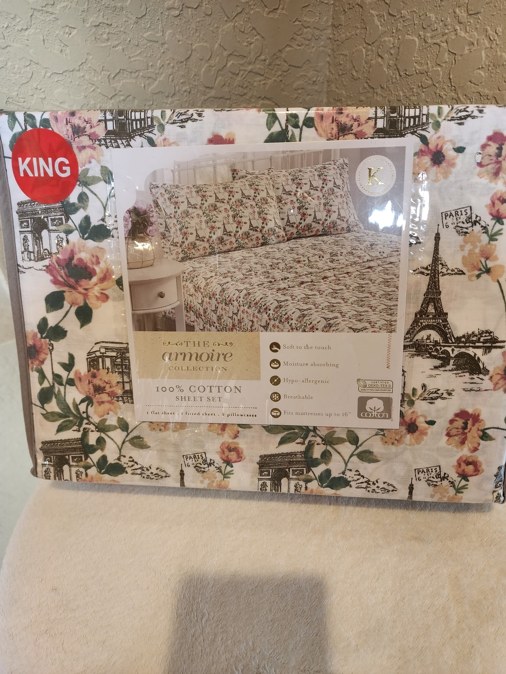 Aris Floral Cotton King Sheet Set - Cream, Pink, Green